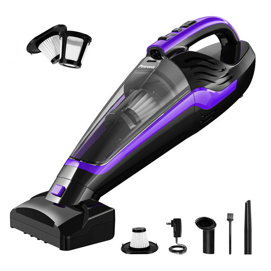 Powools Pet Hair Handheld Vacuum - Car Vacuum Cordless Rechargeable, Well-Equipped Hand Vacuum for Carpet, Couch, Stairs, Powerful Handheld Vacuum Cordless w/Motorized Brush, Purple (PL8726)