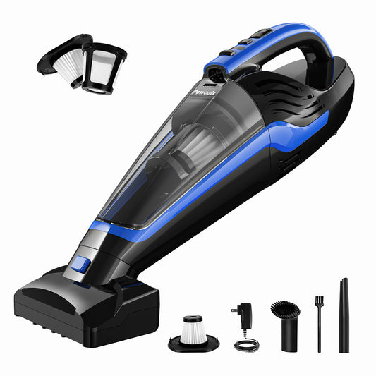 Powools Pet Hair Handheld Vacuum - Car Vacuum Cordless Rechargeable, Well-Equipped Hand Vacuum for Carpet, Couch, Stairs, Powerful Handheld Vacuum Cordless w/Motorized Brush, Blue(PL8726)