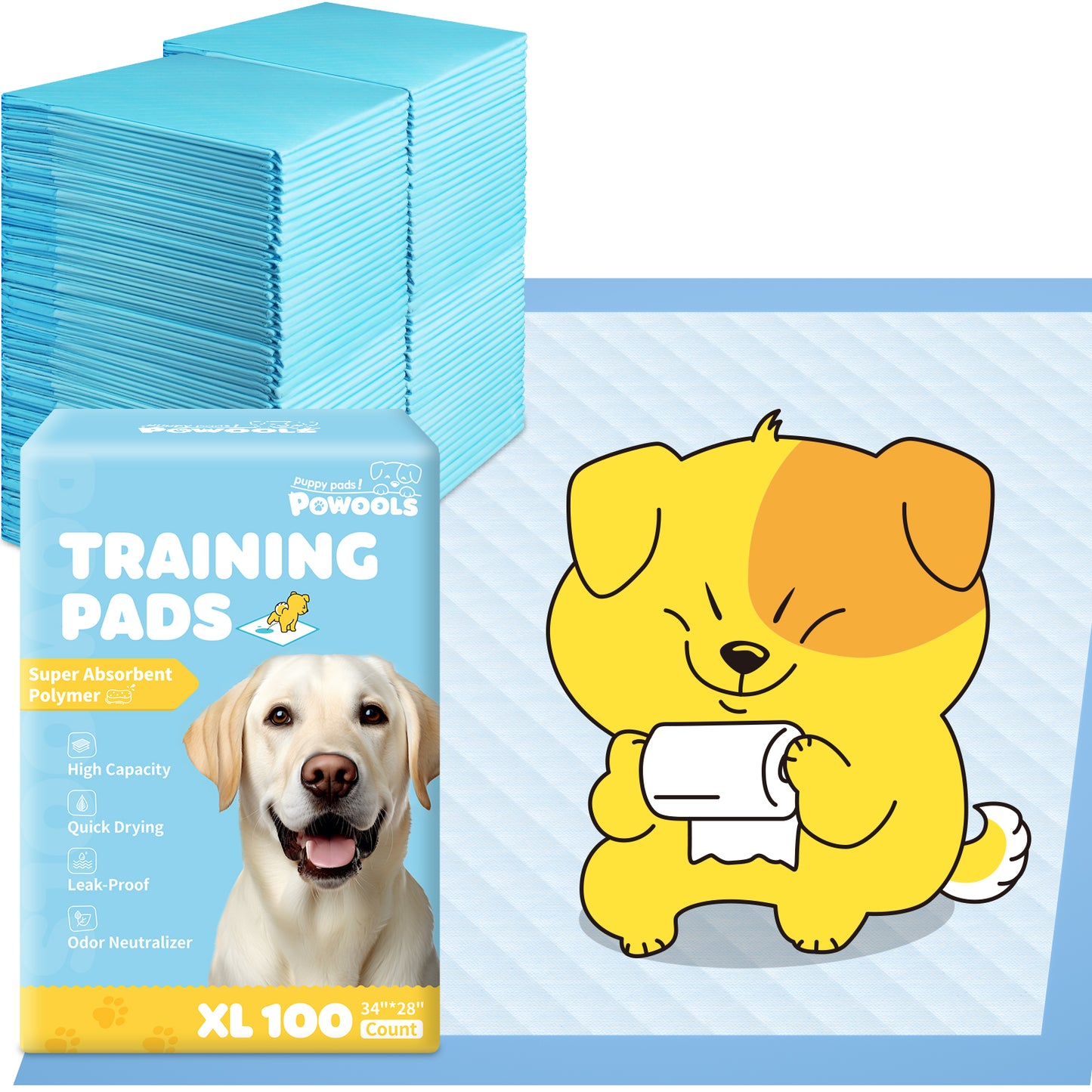 Powools X-Large Puppy Pads - 34'' x 28'' Pee Pads for Dogs Potty Training with Leak-Proof Quick-Dry Design, 6-Layer Wee Wee Pads for Dogs, Pack of 100