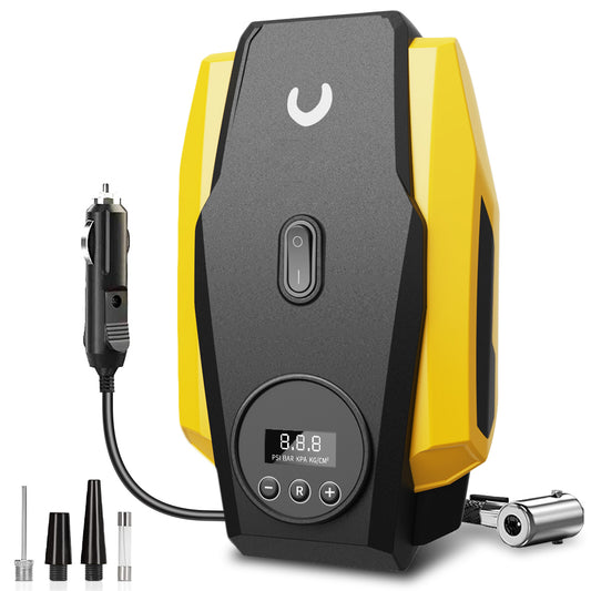 Tire Inflator Portable Air Compressor - Air Pump for Car Tires - 12V DC Compact Tire Pump with Auto Shutoff Function - Multipurpose Car Accessory with LED Light, Sunshine Yellow